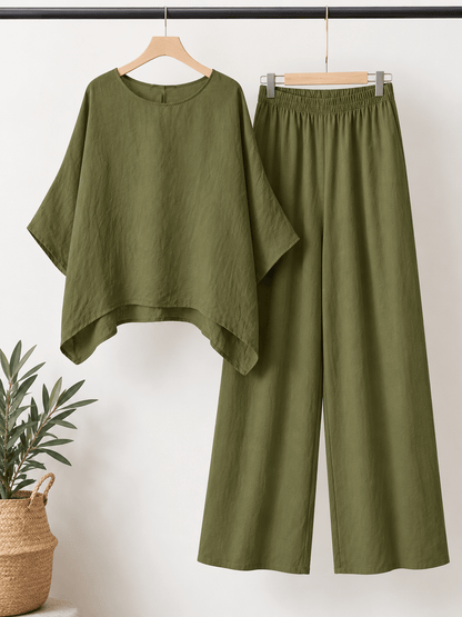 Women’s Cotton-Linen Asymmetric Top & Wide-Leg Pants Set