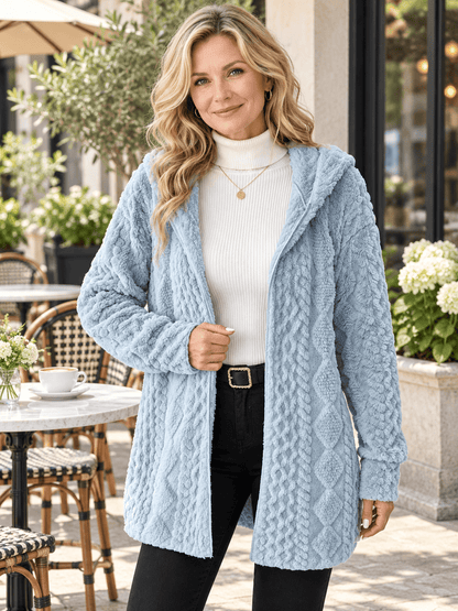 Women’s Textured Plush Hooded Open-Front Cardigan