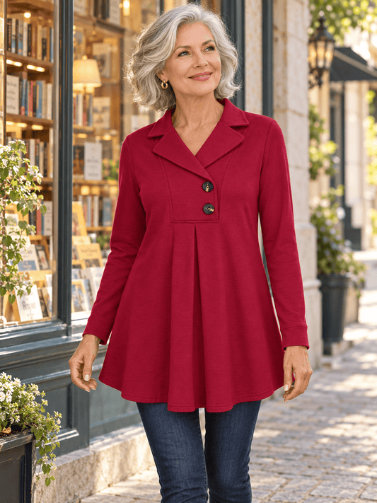 Women’s Lapel Collar Two-Button Pleated Tunic Top