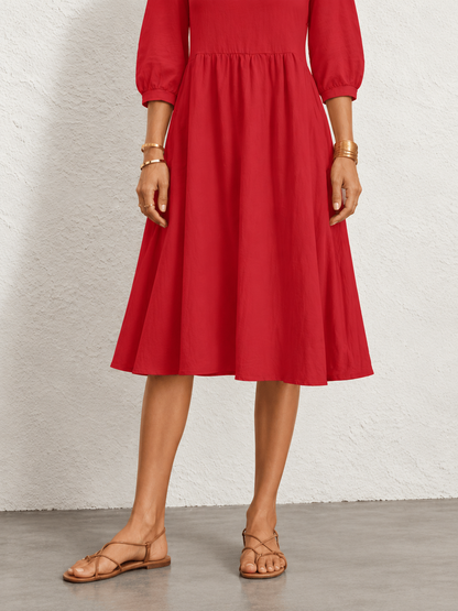 Everyday Gathered-Waist Balloon-Sleeve Pocket Dress