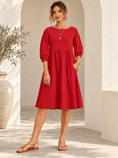Everyday Gathered-Waist Balloon-Sleeve Pocket Dress