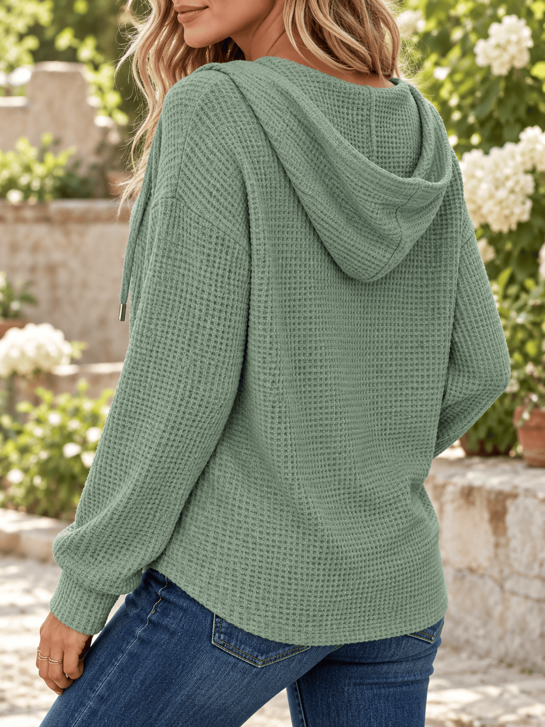 Women’s Everyday Waffle Knit Hooded Henley Top