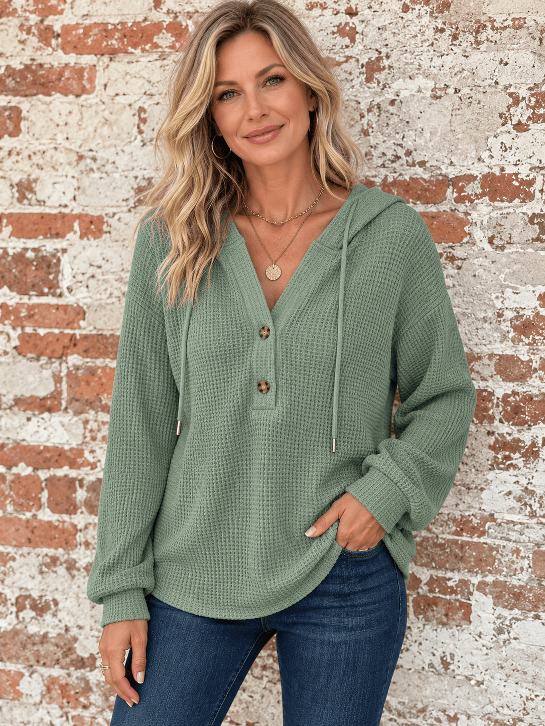 Women’s Everyday Waffle Knit Hooded Henley Top