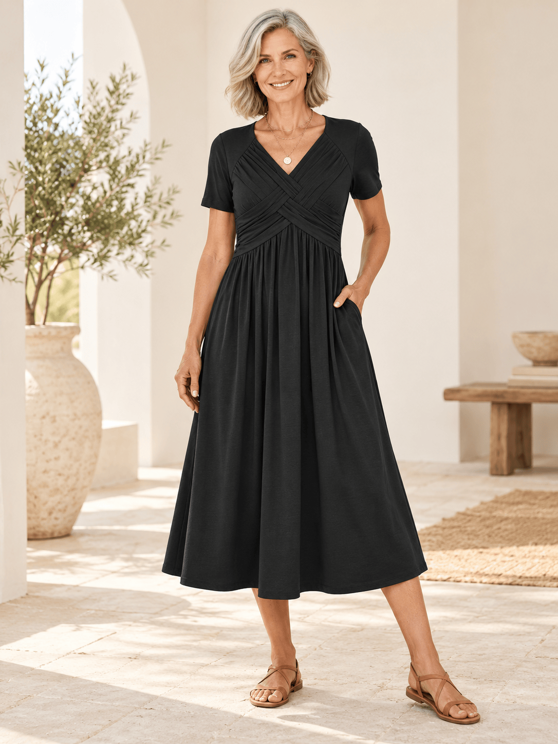 Women’s Crossover V-Neck Short-Sleeve Midi Dress with Pockets