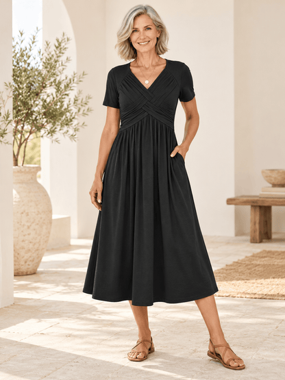 Women’s Crossover V-Neck Short-Sleeve Midi Dress with Pockets