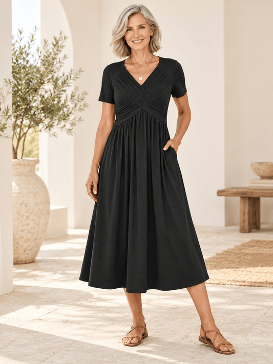Women’s Crossover V-Neck Short-Sleeve Midi Dress with Pockets