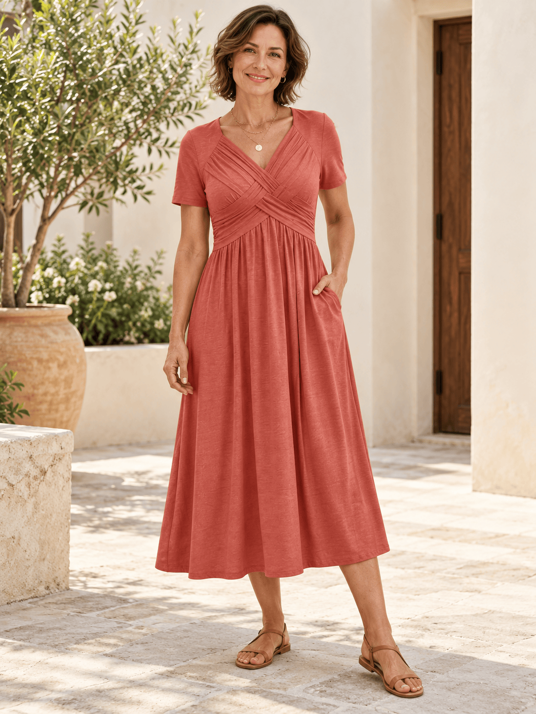 Women’s Crossover V-Neck Short-Sleeve Midi Dress with Pockets