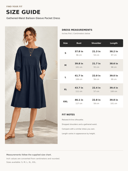 Everyday Gathered-Waist Balloon-Sleeve Pocket Dress