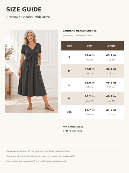 Women’s Crossover V-Neck Short-Sleeve Midi Dress with Pockets